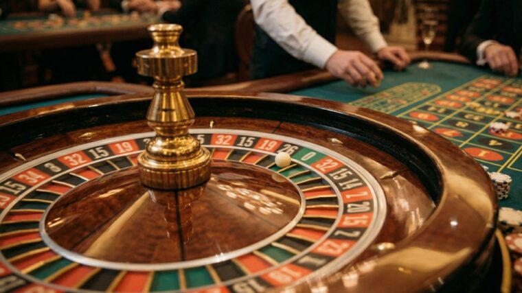 Ruleta europea en casino con bola en movimiento