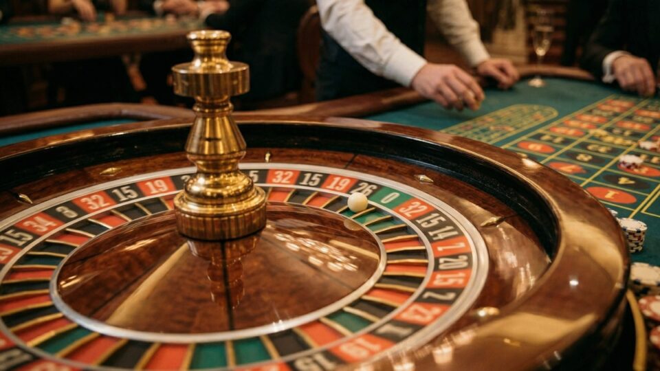 Ruleta europea en casino con bola en movimiento