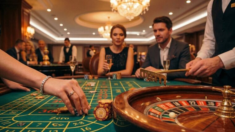 Mesa de ruleta francesa con crupier en casino