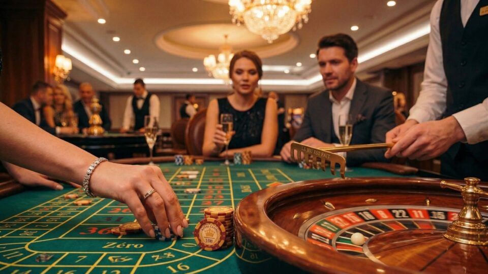 Mesa de ruleta francesa con crupier en casino